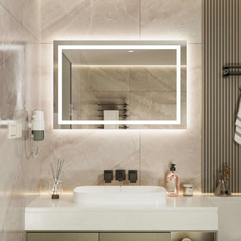 Specchio Da Bagno Con LED 61x81 Cm – Retroilluminazione Doppia, 3 Colori Luce, Anti-appannamento E Memoria, Vetro Infrangibile IP44