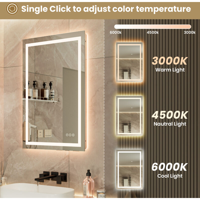 Butylux Specchio da bagno a LED da 81,3 x 61 cm, regolabile da 3000 K a 6000 K, dimmerabile, anti-appannamento, montaggio a parete, con pulsante Smart Touch, funzione di memoria