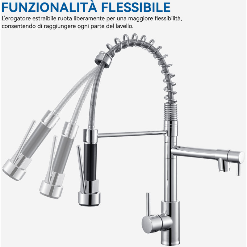 Cobbe, Rubinetto Miscelatore Per Lavello Da Cucina, A Molla Con Spruzzatore Estraibile 2 Modalita Di Spruzzo Cucina Ad Arco Alto Cromato Monocomando Kc05t021 880186111