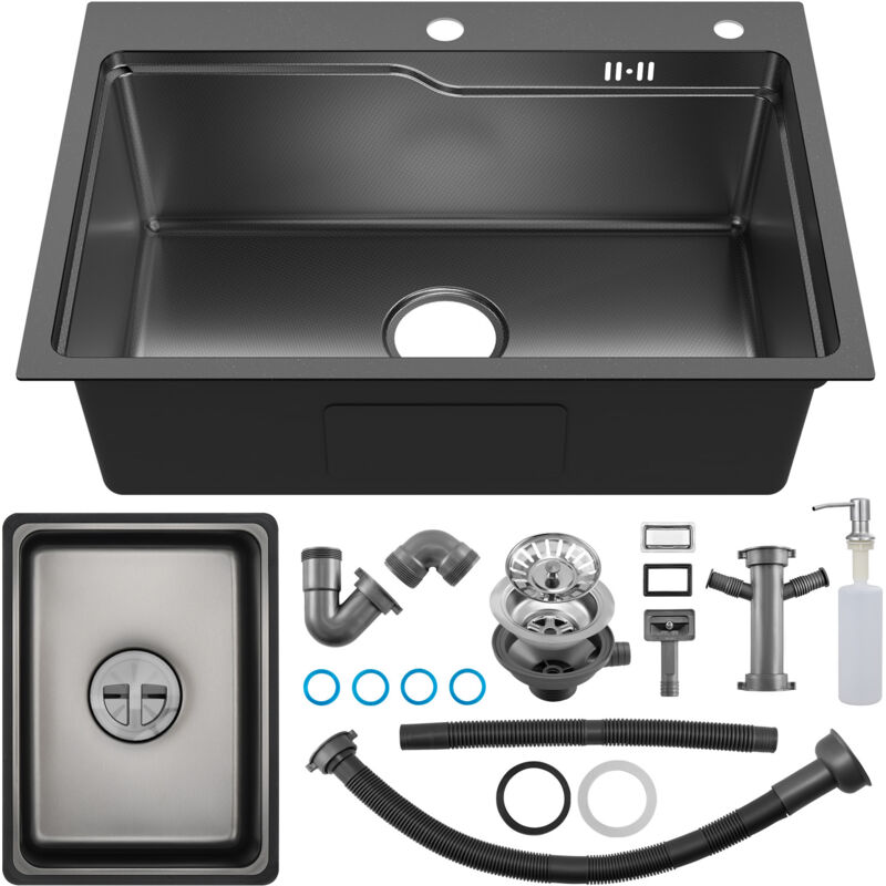 Lavello Multifunzione Acciaio Inox Nero/grigio 68x45 Cm – Con Miscelatore, Dispenser E Rubinetto Acqua Purificata