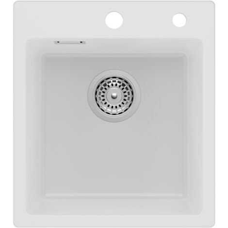 Auralum Max Lavello in granito 40 x 45 cm, lavello in granito bianco, lavello da cucina piccolo in granito, lavello da incasso con sifone, piletta e troppopieno