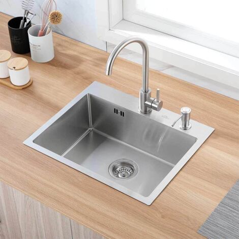 Lavello Cucina 1 Vasca in Acciaio Inox 55x45cm, Lavandino Cucina Vasca Singola, Lavello Incasso da appoggio o filotop, con dispenser di sapone e Sifone