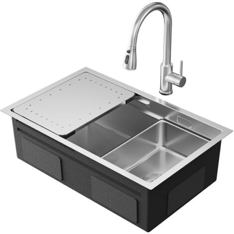 Set lavello da cucina in acciaio inox con vasca singola, 70 x 44 cm, con scolapiatti, miscelatore da cucina con doccetta estraibile, 2 tipi di getto, spazzolato