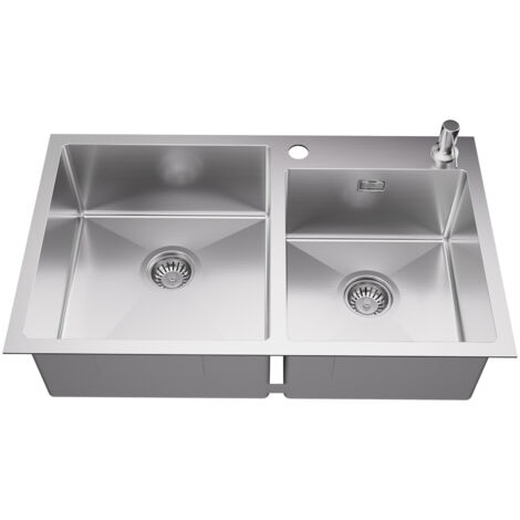 Auralum Lavello da Cucina 2 vasche 75x45cm Lavello Incasso Cucina due vasche Acciaio Inox Spazzolato con dispenser per sapone 300 ml, Troppopieno e Sifone