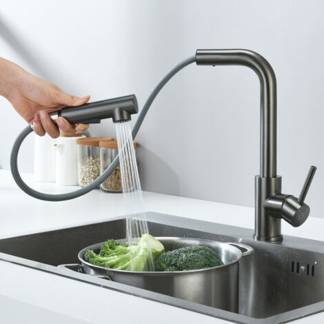 CECIPA MAX Miscelatore Cucina con Doccetta Estraibile Rubinetto Cucina con 2 Tipi di Getti Miscelatore Lavello in Acciaio Inox, Girevole a 360°, Grigio Nero