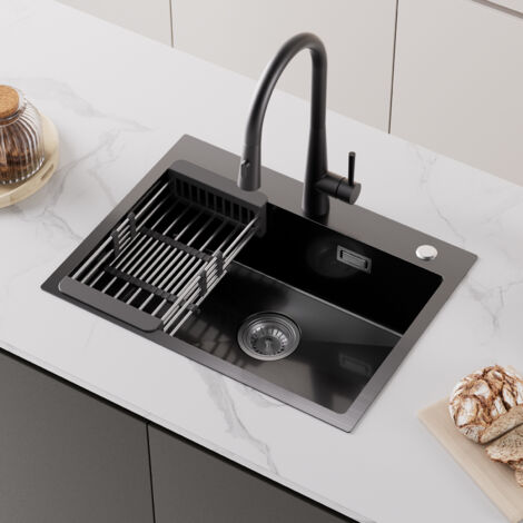 Cecipa 60×45×18 cm Lavello da Cucina Nero - Lavello a 1 Vasca con Cestello di Scarico - Lavello Cucina in Acciaio Inox 201 di Grande Capacità