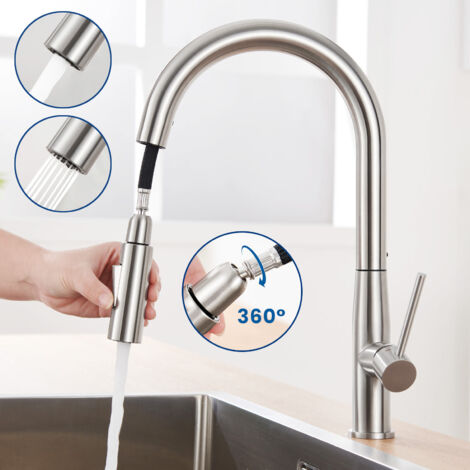Auralum Rubinetto Cucina Estraibile in acciaio inox, Rubinetto da Cucina con Doccetta Estraibile fino a 45cm con aeratore staccabile, Girevole a 360° Miscelatore monocomando per lavello (1/5)