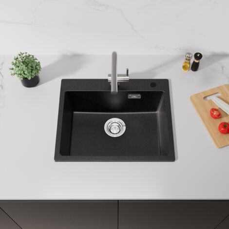 Auralum 55 x 45 cm Lavello da Cucina 1 Vasca in granite Nero, Lavandino Cucina Quadrato Lavello da banco, con Troppopieno e Sifone, Protezione Ambientale