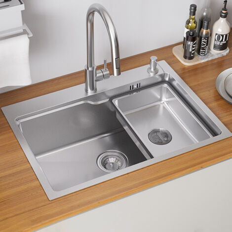 Lavello Auralum max a una vasca 68×48x21CM Lavello in acciaio inox argento con vasca + distributore di sapone - Lavello da incasso/da appoggio