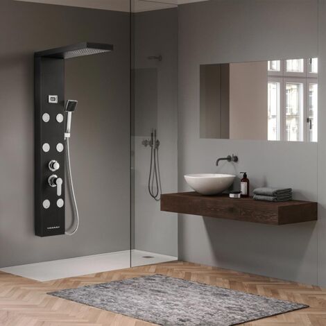 Auralum Pannello idromassaggio Doccia in acciaio inox Nero con soffione doccia e doccia per bagno (Pannello per doccia)