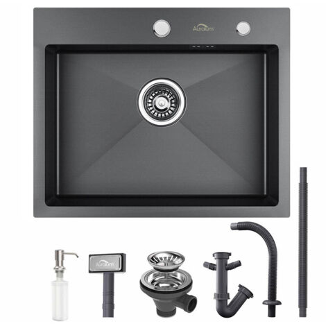 Auralum 55 x 45 x 18.5 cm Lavello Cucina 1 Vasca in Acciaio Inox Nero/grigio scuro Lavello Incasso Vasca Singola con 2 fori di montaggio per rubinetto e distributore di sapone