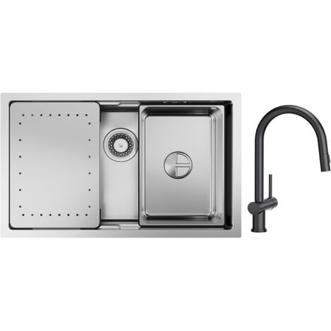 Cecipa Lavello da cucina a 1 vasca 70×44×21 cm Lavello da incasso in acciaio inox spazzolato con gocciolatoio e vasca + miscelatore da cucina nero con doccetta estraibile