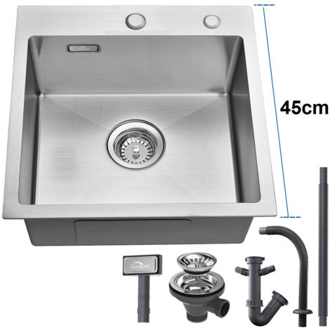 Auralum Lavello da Cucina 45 x 45 cm, Lavandino Cucina, Lavello Quadrato in Acciaio Inox Spazzolato con Troppopieno e Sifone, Senza Piombo, Protezione Ambientale