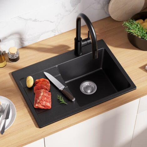 Lavello in granito 65 x 45 cm, lavello da incasso con sifone, piletta e troppopieno, lavello da appoggio per la cucina