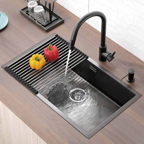 Lonheo Lavello Cucina 1 Vasca 74x44cm Lavello Incasso in Acciaio Inox Lavandino Cucina con Troppopieno e Sifone, Grigio scuro