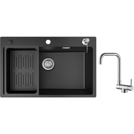 Cecipa Lavello 1 Vasca con Cestello di Scarico e Dispenser Sapone, Lavello in Quarzo e Resina 70x45 cm + rubinetto da cucina pieghevole Miscelatore lavello pieghevole spazzolato (1/5)