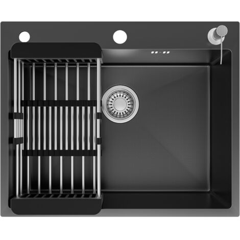 CECIPA MAX 60 x 49 cm Lavello da cucina in acciaio inox, antracite – vasca singola con scolapiatti e dispenser di sapone, grande capacità