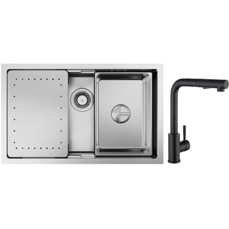 Cecipa Lavello Cucina 1 Vasca 70×44×21CM Lavello Incasso Acciaio Inox Spazzolato con Gocciolatoio e Vasca + Miscelatore Cucina con Doccetta Estraibile Nero