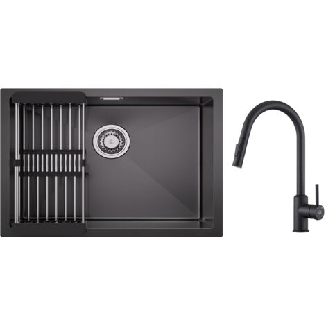 Lavello Cucina Inox 1 Vasca 60×44CM con Cestello Scarico + Miscelatore Cucina con Doccetta Estraibile Girevole 360° Nero (1/5)