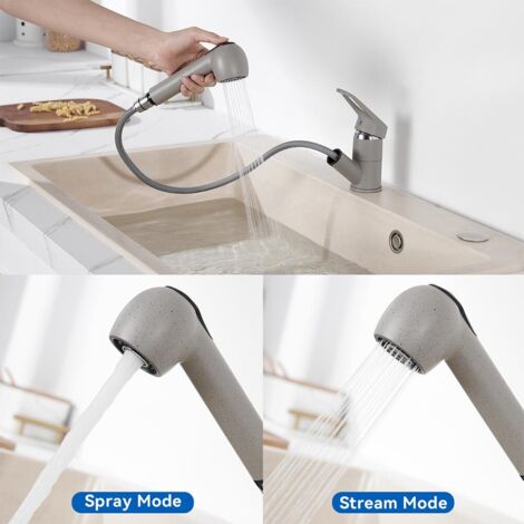 Estraibile Rubinetto Cucina in Ottone, Auralum Rubinetto da Cucina con Doccetta Estraibile fino a 70cm, Girevole a 360°Miscelatore monocomando per lavello, Grigio granito (1/5)