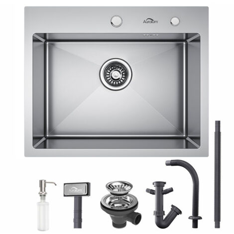 Auralum Lavello da Cucina in Acciaio Inox 55x45cm, Lavandino Cucina Quadrato, Lavello Incasso da appoggio o filotop, con dispenser di sapone e Sifone