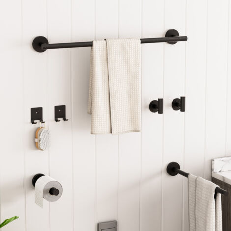 Cecipa MAX Set da Bagno 7 Pezzi - 1 Portasciugamani + 1 Portasciugamani Laterale + 1 Porta Rotolo + 4 Ganci (Nero)