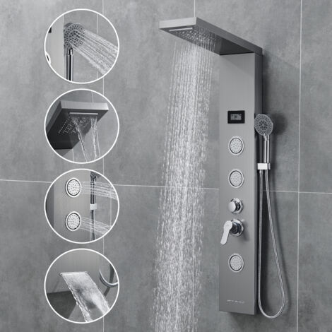 Colonna Doccia Idromassaggio con Luci LED in 304 Acciaio Inox Spazzolato per Bagno 5 Funzioni Set de Doccia Con 3 Jets de massaggio, Soffione e Doccetta