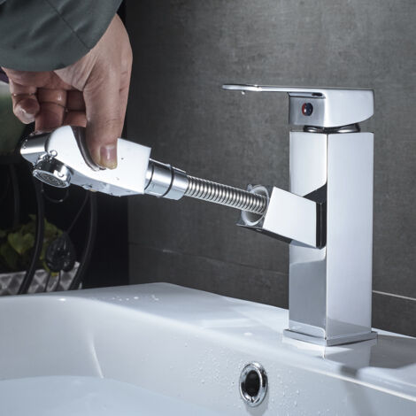 Rubinetto Lavabo Estraibile 360° Con Doccetta, 4 Modalità Getto, Miscelatore Monocomando In Acciaio Inox, Finitura Grigia Moderna