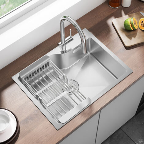 Lavello da cucina in acciaio inox, 60 × 45 × 18 cm, vasca singola con sgocciolatoio, incluso sifone e troppopieno, argento
