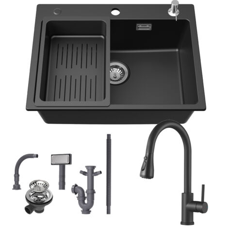 CECIPA MAX Lavello da cucina in granito 60 × 45 cm + rubinetto da cucina estraibile, lavello da appoggio con scolapiatti e dispenser di sapone (1/5)