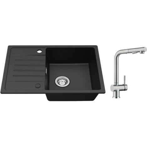 Lavello cucina con gocciolatoio Nero 65 x 45 cm Lavello da incasso Due sensi di installazione + Rubinetto cucina con doccetta Miscelatore lavello estraibile Spazzolato