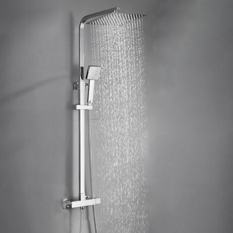 Colonna Doccia Cromato, Auralum Colonna Doccia con Miscelatore Termostatico, Set Doccia con Soffione Quadrato 248mm e Doccetta, Asta Doccia Regolabile 75-127cm