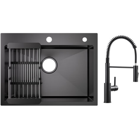 Cecipa Lavello Cucina 1 Vasca 60×45 cm con Cestello Scarico Nero Lavello Cucina + Miscelatore Cucina Spring con Doccetta Estraibile, Rubinetto Lavello 2 Modalità Uscita Acqua, Nero