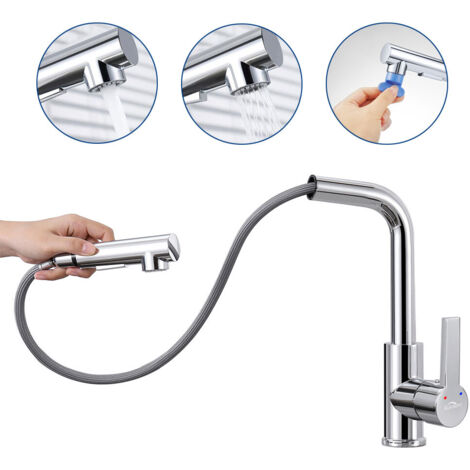Miscelatore Cucina Rubinetto con Doccetta Estraibile 60cm, Rubinetto Lavello Cucina 2 Modalità Acqua, Rubinetto Cucina Girevole a 360°, Risparmio Idrico