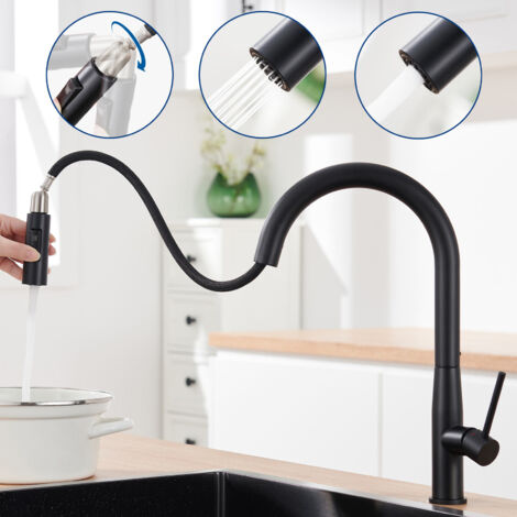 Nero Rubinetto Cucina con Doccetta Estraibile 45CM in Acciaio Inossidabile, 2 Funzioni Miscelatore Monocomando Per Lavello, Girevole a 360 Rubinetto da Cucina