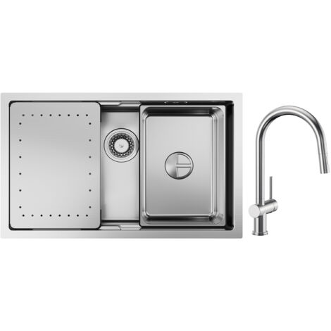Cecipa Lavello da cucina a 1 vasca 70×44×21 cm Lavello da incasso in acciaio inox spazzolato con gocciolatoio e vasca + Miscelatore da cucina in acciaio inox spazzolato con doccetta estraibile (1/5)