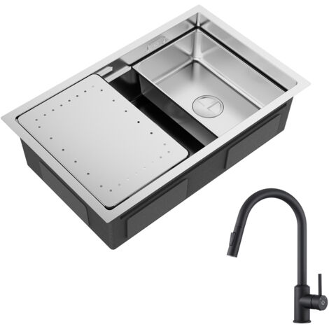 Cecipa Lavello da cucina a 1 vasca 70×44×21 cm Lavello da incasso in acciaio inossidabile spazzolato con gocciolatoio e vasca + Miscelatore da cucina con doccetta estraibile - Nero (1/5)