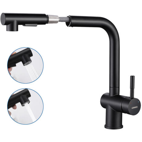 NERO Rubinetto Lavello Cucina Doccetta Estraibile, 2 Modalità Rubinetto Cucina In Acciaio Inox Spazzolato, Miscelatore Cucina Girevole a 360, Rubinetti Monocomand con aeratore staccabile