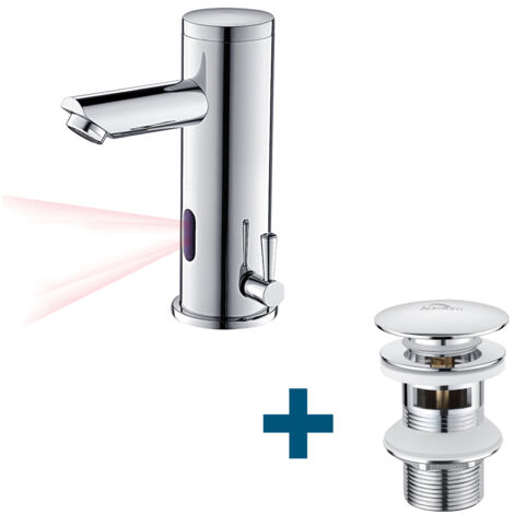 Rubinetto lavabo automatico con sensore infrarossi + piletta con troppopieno, miscelatore monocomando bagno con salterello, cromo (1/5)
