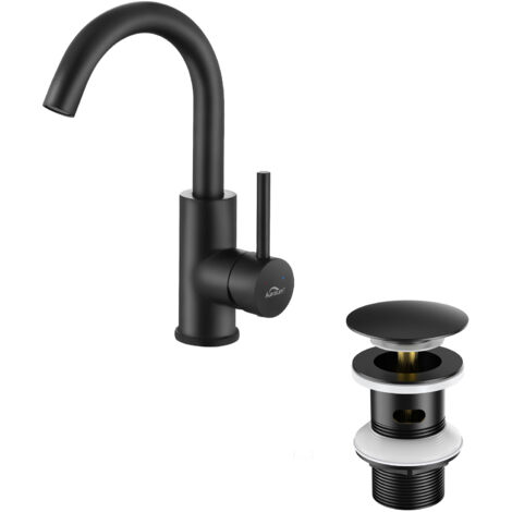 Auralum Rubinetto da bagno Miscelatore girevole a 360° per lavabo Rubinetto da bagno + sifone con scarico pop-up POP UP con troppopieno, nero (1/5)