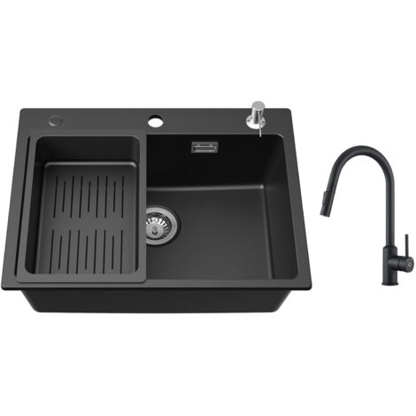 Cecipa Lavello 1 Vasca 60x45 cm con Cestello di Scarico e Dispenser per Sapone + Miscelatore da Cucina con Doccetta Estraibile Girevole a 360° Nero (1/5)