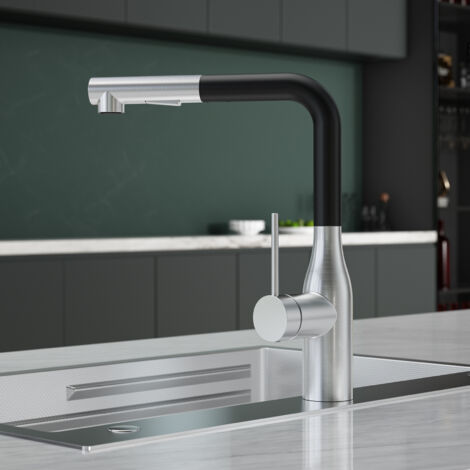 CECIPA MAX Rubinetto da cucina con doccetta estraibile, miscelatore da cucina in acciaio inox spazzolato + nero, rubinetto girevole a 360° con 2 modalità