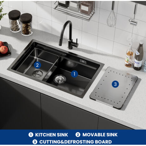 Lavello Cecipa Max 1 Vasca 70×44CM Nero Lavello Da Incasso Con Gocciolatoio E Vasca Miscelatore Cucina Spring Con 3 Modalita Di Uscita Acqua Nero - Foto 9