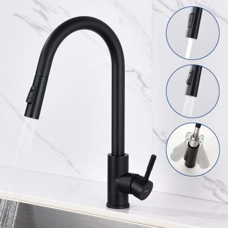 Lonheo Rubinetto Cucina con 2 Funzioni Doccetta Estraibile 40cm in Acciaio Inox Miscelatore Monocomando Lavello Girevole a 360 Acqua Fredda e Calda, Nero (1/5)