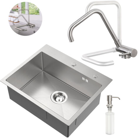 Set lavello + rubinetto da cucina ribaltabile in acciaio inox, 55 × 45 CM Lavello da incasso con dispenser di sapone, rubinetto frontale con finestra, spazzolato (1/5)