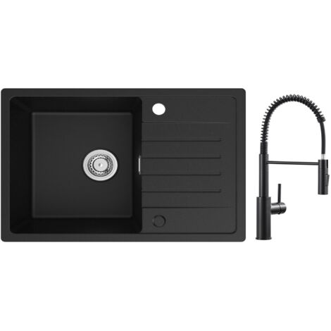 Lavello 1 vasca con gocciolatoio, Lavello Cucina in Quarzo e Resina 78x45 cm Lavello Nero + Miscelatore Cucina a Molla con Doccetta Estraibile, 2 Modalità Uscita Acqua, Nero