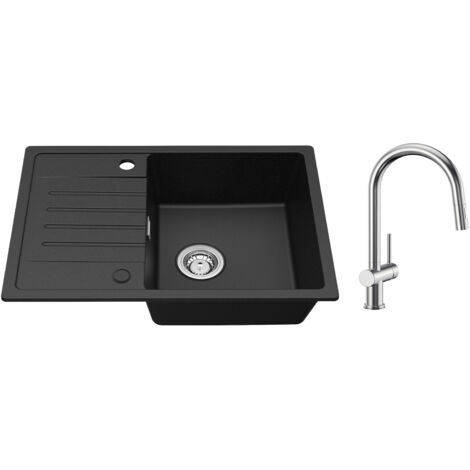 Lavello cucina con gocciolatoio Nero 65 x 45 cm Lavello incasso Due sensi di installazione + Miscelatore cucina con doccetta estraibile Spazzolata (1/5)