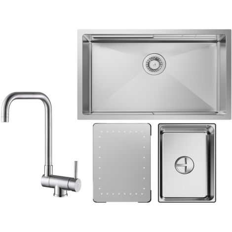 Cecipa Lavello da cucina a 1 vasca 70×44×21 cm Lavello in acciaio inox spazzolato con gocciolatoio e vasca + rubinetto da cucina pieghevole Miscelatore pieghevole davanti alla finestra spazzolata