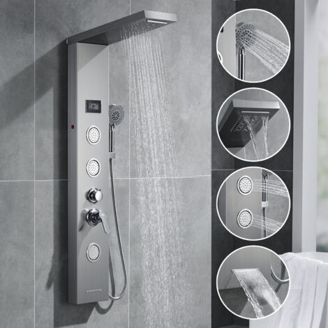 LED Pannello Doccia Idromassaggio Quadrato, 5 Funzioni Colonna Doccia in acciaio inox spazzolato, Doccia a cascata, 3 Jets de massaggio, Doccetta con 5 modalità d'acqua
