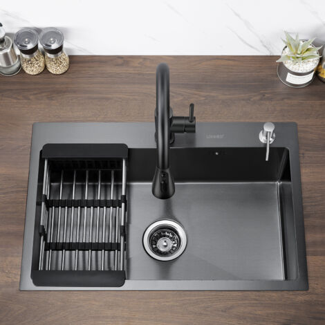 Auralum Lavello Da Cucina 1 Vasca 55 X 44 Cm Lavello Incasso In Acciaio Inox Spazzolato Con Troppopieno E Sifone Senza Piombo Protezione Ambientale Grigio Scuro 71149200